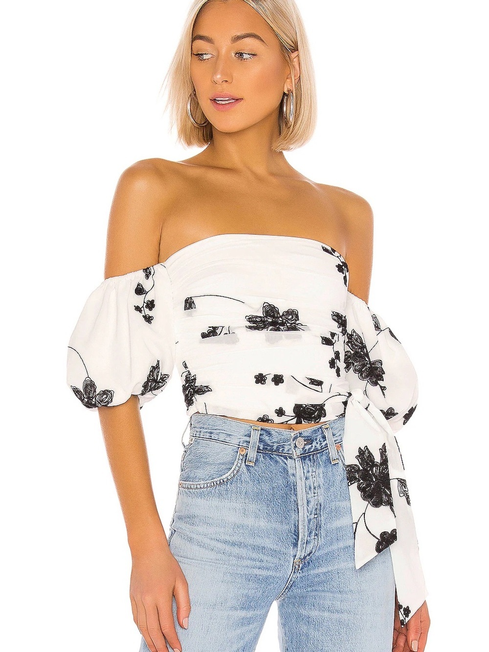 Revolve House of Harlow White Floral Tie-Side Puff Sleeve Top NWOT Small